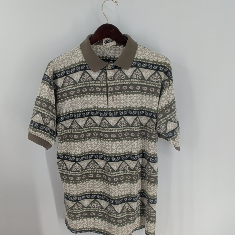 Vintage Y2K Merona Short Sleeve Aztec Classic Golf Polo Shirt Brown Beige Size M
